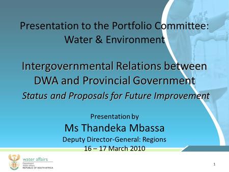 1 Presentation to the Portfolio Committee: Water & Environment Presentation by Ms Thandeka Mbassa Deputy Director-General: Regions 16 – 17 March 2010 Intergovernmental.