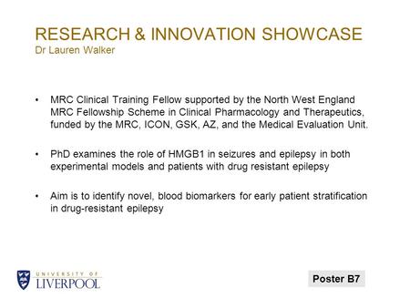 RESEARCH & INNOVATION SHOWCASE Dr Lauren Walker MRC Clinical Training Fellow supported by the North West England MRC Fellowship Scheme in Clinical Pharmacology.