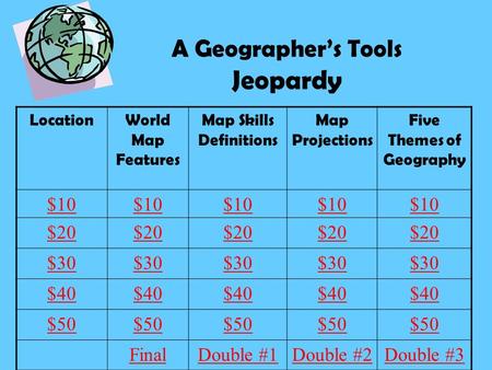 A Geographer’s Tools Jeopardy LocationWorld Map Features Map Skills Definitions Map Projections Five Themes of Geography $10 $20 $30 $40 $50 FinalDouble.