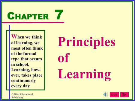 © West Educational Publishing Principles of Learning C HAPTER 7 W hen we think of learning, we most often think of the formal type that occurs in school.