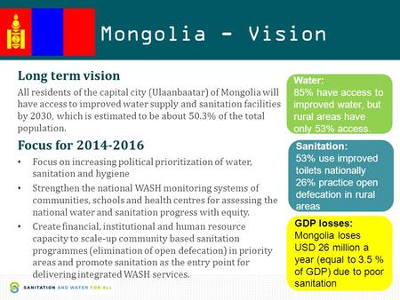 1 Mongolia - Vision Long term vision All residents of the capital city (Ulaanbaatar) of Mongolia will have access to improved water supply and sanitation.