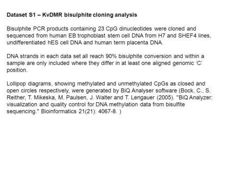 Dataset S1 – KvDMR bisulphite cloning analysis Bisulphite PCR products containing 23 CpG dinucleotides were cloned and sequenced from human EB trophoblast.