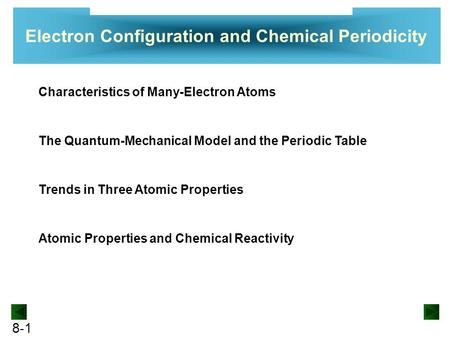 8-1 Electron Configuration and Chemical Periodicity Characteristics of Many-Electron Atoms The Quantum-Mechanical Model and the Periodic Table Trends in.