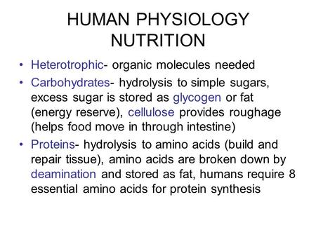 HUMAN PHYSIOLOGY NUTRITION Heterotrophic- organic molecules needed Carbohydrates- hydrolysis to simple sugars, excess sugar is stored as glycogen or fat.