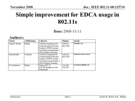 Doc.: IEEE 802.11-08/1357r0 Submission November 2008 Guido R. Hiertz et al., PhilipsSlide 1 Simple improvement for EDCA usage in 802.11s Date: 2008-11-11.