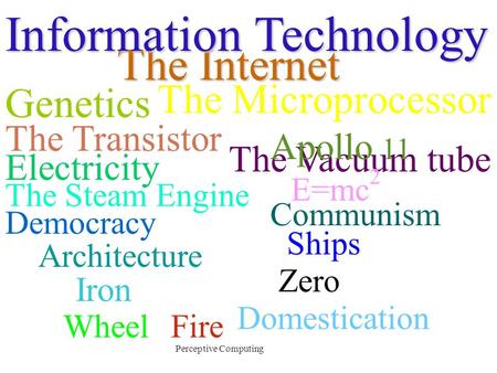 Perceptive Computing Democracy Communism Architecture The Steam Engine WheelFire Zero Domestication Iron Ships Electricity The Vacuum tube E=mc 2 The.