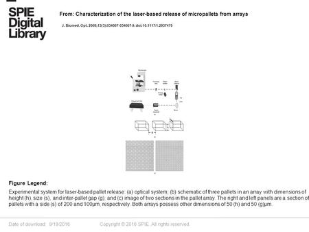 Date of download: 9/19/2016 Copyright © 2016 SPIE. All rights reserved. Experimental system for laser-based pallet release: (a) optical system; (b) schematic.