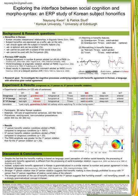 Experiment & Results (congruous vs. 1 st person vs. 3 rd person honorific violation)  Experimental conditions (n=120 sets of sentences) Participants: