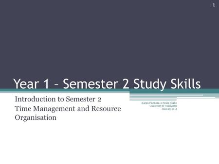 Year 1 – Semester 2 Study Skills Introduction to Semester 2 Time Management and Resource Organisation 1 Karen Phethean & Helen Clarke University of Winchester.