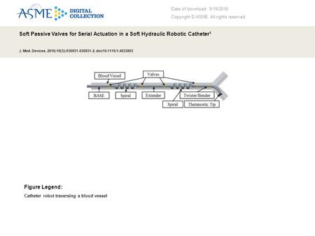 Date of download: 9/19/2016 Copyright © ASME. All rights reserved. Soft Passive Valves for Serial Actuation in a Soft Hydraulic Robotic Catheter 1 J. Med.