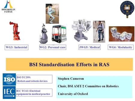 BSI Standardisation Efforts in RAS Stephen Cameron Chair, BSI AMT/2 Committee on Robotics University of Oxford JWG5: MedicalWG2: Personal careWG3: Industrial.