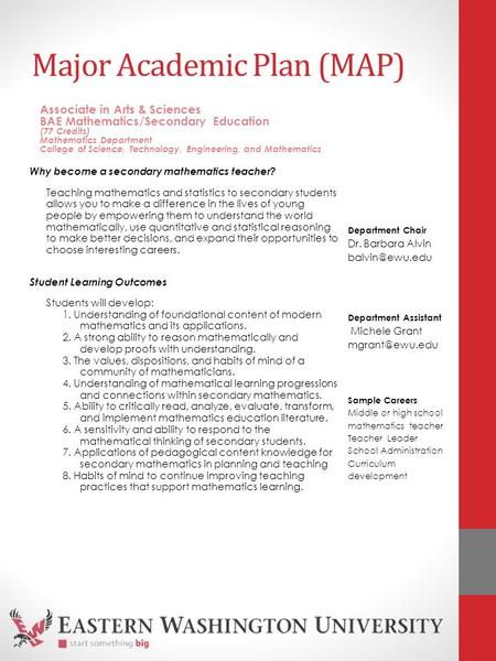 Major Academic Plan (MAP) Why become a secondary mathematics teacher? Teaching mathematics and statistics to secondary students allows you to make a difference.