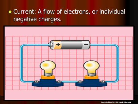 Current: A flow of electrons, or individual negative charges. Current: A flow of electrons, or individual negative charges. Copyright © 2010 Ryan P. Murphy.