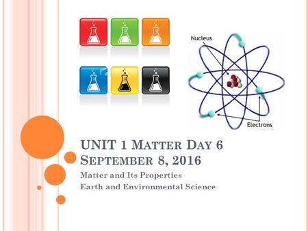 UNIT 1 M ATTER D AY 6 S EPTEMBER 8, 2016 Matter and Its Properties Earth and Environmental Science.