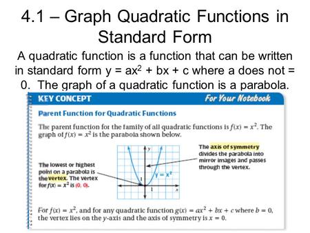 4.1 – Graph Quadratic Functions in Standard Form A quadratic function is a function that can be written in standard form y = ax 2 + bx + c where a does.