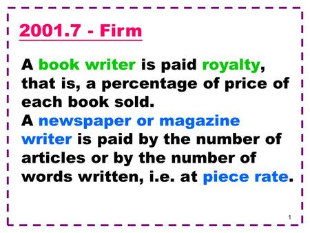 1 A book writer is paid royalty, that is, a percentage of price of each book sold. A newspaper or magazine writer is paid by the number of articles or.