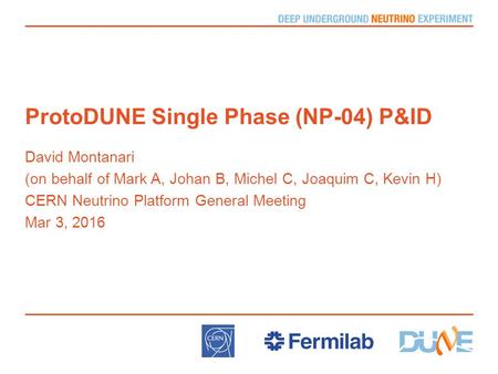 ProtoDUNE Single Phase (NP-04) P&ID David Montanari (on behalf of Mark A, Johan B, Michel C, Joaquim C, Kevin H) CERN Neutrino Platform General Meeting.