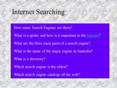 Internet Searching How many Search Engines are there? What is a spider and how is it important to the Internet? What are the three main parts of a search.