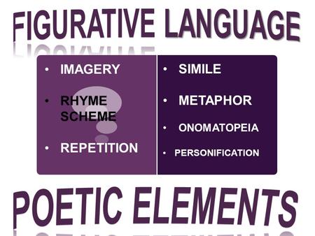 IMAGERY RHYME SCHEME REPETITION SIMILE METAPHOR ONOMATOPEIA PERSONIFICATION.