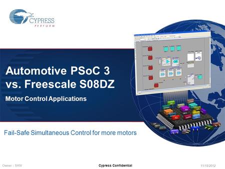 11/18/2012 Owner : SHIV Cypress Confidential Automotive PSoC 3 vs. Freescale S08DZ Motor Control Applications Fail-Safe Simultaneous Control for more motors.