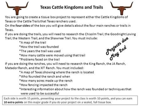 Texas Cattle Kingdoms and Trails You are going to create a tissue box project to represent either the Cattle Kingdoms of Texas or the Cattle Trails that.