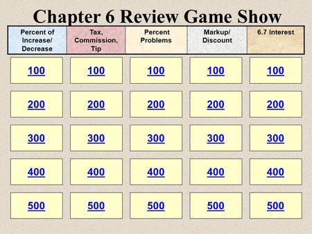 Chapter 6 Review Game Show 100 200 100 200 300 400 500 300 400 500 100 200 300 400 500 100 200 300 400 500 100 200 300 400 500 Percent of Increase/ Decrease.