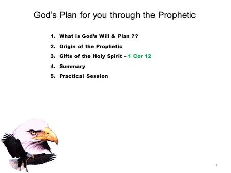 God’s Plan for you through the Prophetic 1.What is God’s Will & Plan ?? 2.Origin of the Prophetic 3.Gifts of the Holy Spirit – 1 Cor 12 4.Summary 5.Practical.