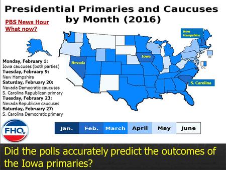 Did the polls accurately predict the outcomes of the Iowa primaries? Iowa New Hampshire S. Carolina Nevada Monday, February 1: Iowa caucuses (both parties)