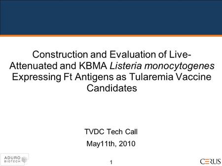 Construction and Evaluation of Live- Attenuated and KBMA Listeria monocytogenes Expressing Ft Antigens as Tularemia Vaccine Candidates TVDC Tech Call May11th,