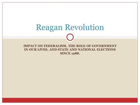 IMPACT ON FEDERALISM, THE ROLE OF GOVERNMENT IN OUR LIVES, AND STATE AND NATIONAL ELECTIONS SINCE 1988. Reagan Revolution.