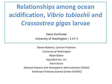 Relationships among ocean acidification, Vibrio tubiashii and Crassostrea gigas larvae Elene Dorfmeier University of Washington | S A F S Steven Roberts,