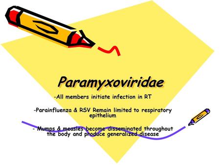 ParamyxoviridaeParamyxoviridae -All members initiate infection in RT -Parainfluenza & RSV Remain limited to respiratory epithelium - Mumps & measles become.