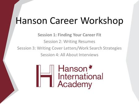 Hanson Career Workshop Session 1: Finding Your Career Fit Session 2: Writing Resumes Session 3: Writing Cover Letters/Work Search Strategies Session 4: