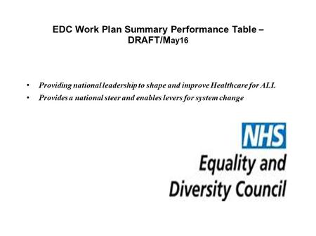 EDC Work Plan Summary Performance Table – DRAFT/M ay16 Providing national leadership to shape and improve Healthcare for ALL Provides a national steer.