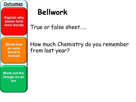 Show how an ionic bond is formed Work out the charge on an ion Outcomes Explain why atoms form ionic bonds Bellwork True or false sheet….. How much Chemistry.