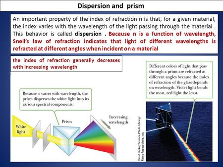 Dispersion and prism An important property of the index of refraction n is that, for a given material, the index varies with the wavelength of the light.