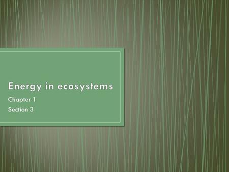 Chapter 1 Section 3. Energy is vital to all living things Most energy comes directly or indirectly from the sun Because energy is continuously used by.