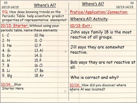 10/13: Starter: Without using your periodic table, name these elements 66 65 Where’s Al? 10/13-14/15 Pratice/Application/ Connection: Where’s Al? Activity.