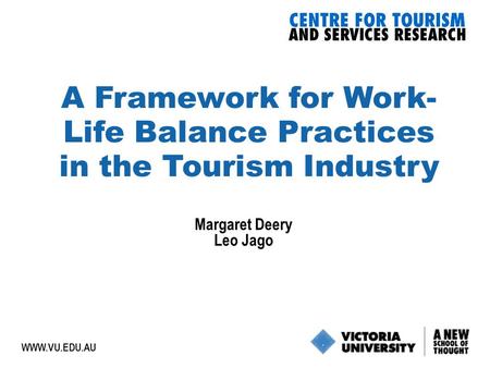 1  A Framework for Work- Life Balance Practices in the Tourism Industry Margaret Deery Leo Jago.