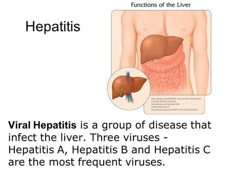 Hepatitis Viral Hepatitis is a group of disease that infect the liver. Three viruses - Hepatitis A, Hepatitis B and Hepatitis C are the most frequent viruses.