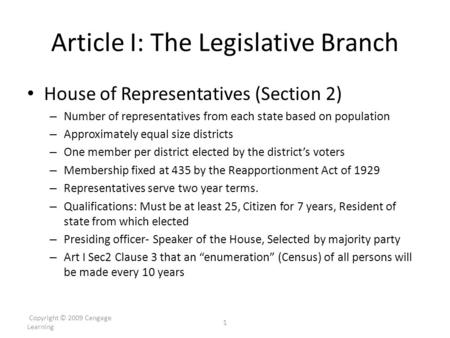 Article I: The Legislative Branch House of Representatives (Section 2) – Number of representatives from each state based on population – Approximately.