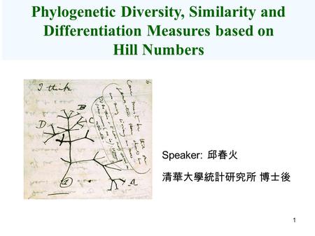 1 Phylogenetic Diversity, Similarity and Differentiation Measures based on Hill Numbers Speaker: 邱春火 清華大學統計研究所 博士後.