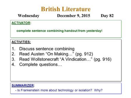 British Literature WednesdayDecember 9, 2015 Day 82 ACTIVITIES: 1.Discuss sentence combining 2.Read Austen “On Making…” (pg. 912) 3.Read Wollstonecraft.