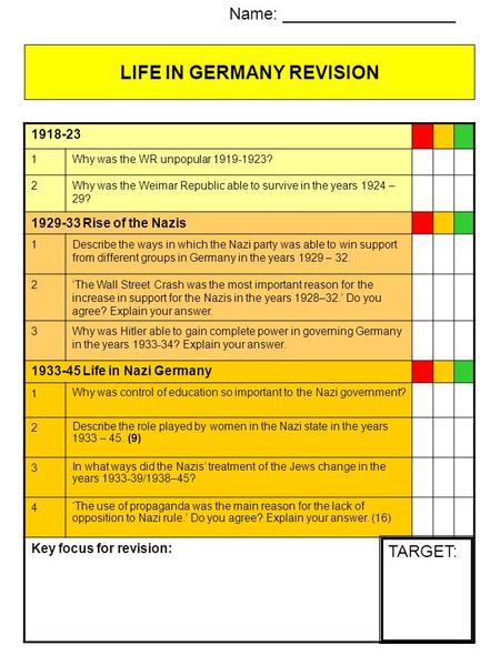 1 LIFE IN GERMANY REVISION Why was the WR unpopular ? 2Why was the Weimar Republic able to survive in the years 1924 – 29? Rise.