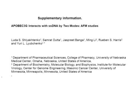 . Supplementary information. APOBEC3G Interacts with ssDNA by Two Modes: AFM studies Luda S. Shlyakhtenko 1, Samrat Dutta 1, Jaspreet Banga 1, Ming Li.