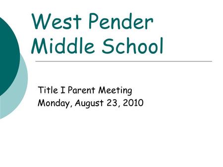 West Pender Middle School Title I Parent Meeting Monday, August 23, 2010.