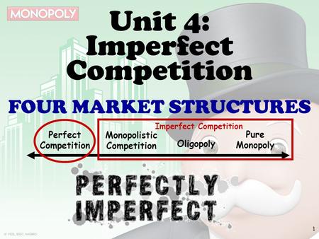 Unit 4: Imperfect Competition 1 FOUR MARKET STRUCTURES Perfect Competition Pure Monopoly Monopolistic Competition Oligopoly Imperfect Competition.