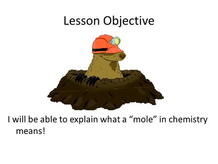 Lesson Objective I will be able to explain what a “mole” in chemistry means!