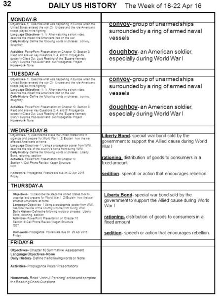 MONDAY-B TUESDAY-A WEDNESDAY-B FRIDAY-B DAILY US HISTORY The Week of Apr THURSDAY-A Objectives- 1) Describe the steps the United States took.