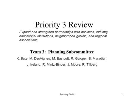 January Priority 3 Review Team 3: Planning Subcommittee K. Bute, M. DesVignes, M. Eastcott, R. Galope, S. Maradian, J. Ireland, R. Mintz-Binder,